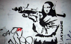 Banksy grafitti of a terrorist with a grenade launcher and the face of Mona Lisa.